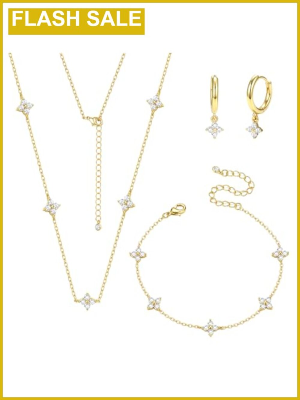 18K Gold Plated Four-Leaf Clover Jewelry Set Necklace Bracelet Earrings